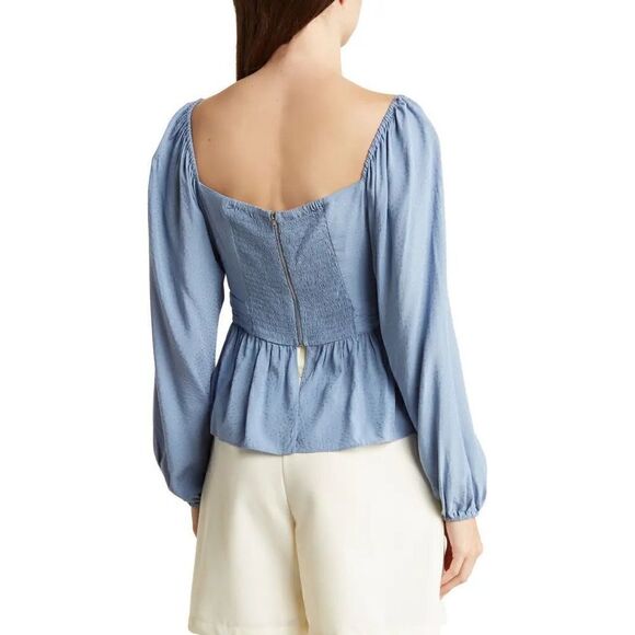 BCBGMaxazria Jacquared Ruched Balloon-Sleve Light Blue Peplum Top - Picture 2 of 6